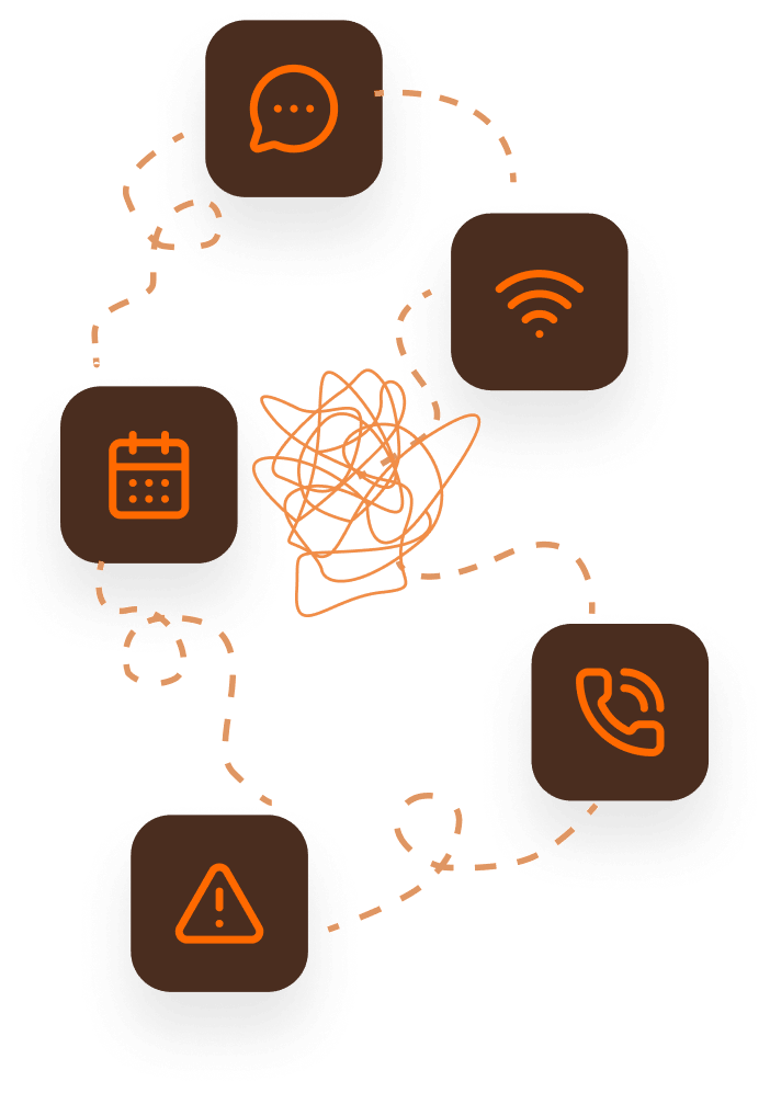 Illustration of fragmented hosting work: messages, Wi-Fi, calendar, calls, and alerts.
