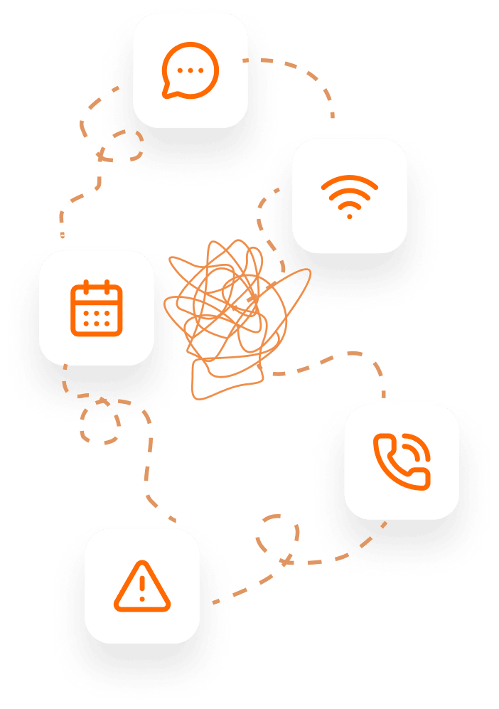 Illustration of fragmented hosting work: messages, Wi-Fi, calendar, calls, and alerts.