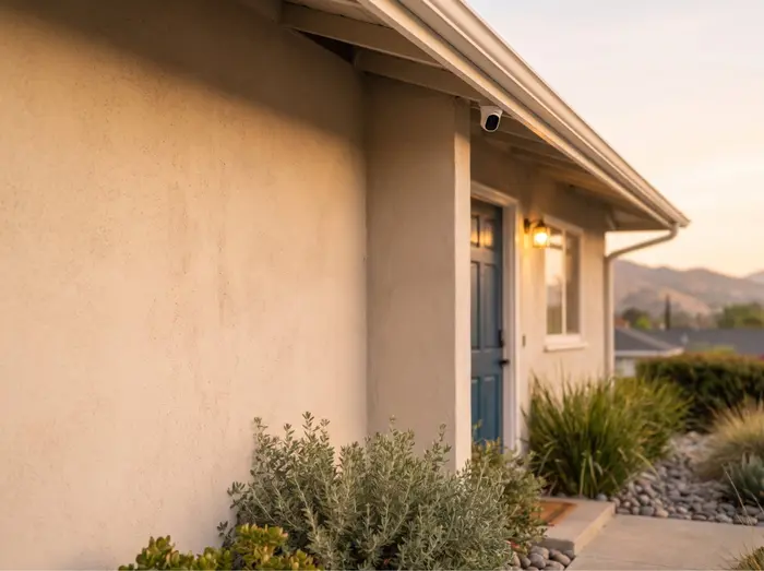A front door at dusk with the porch light on