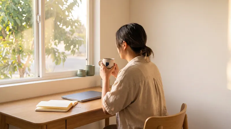 A person at a desk by the window with a notebook and laptop