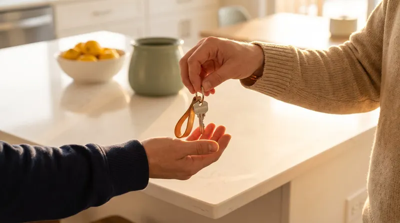 A hand passing a set of house keys across a kitchen counter