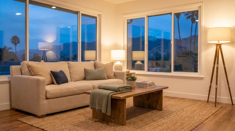 A living room at blue hour with the lamps on