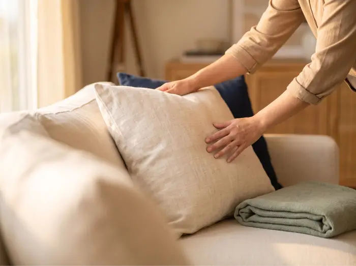 Hands plumping a cushion on a sofa during a turnover